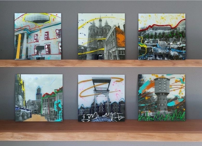 handbeschilderde fotopanelen, pelserbrug, kunst voor kantoor, bijzonder werk aan de muur, acrylaat fotopaneel, foto op acrylaat, bijzonder kunstwerk, kunst van zwolle, schilderkunst