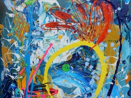abstract kunstwerk, moderne kunst, modern schilderij, blauw schilderij, langwerpig kunstwerk