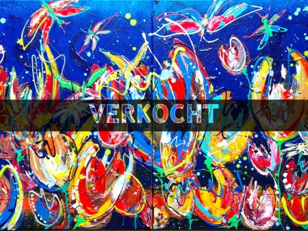 groot schilderij, groot kunstwerk, langwerpig kunstwerk, langwerpig schilderij, bloemenschilderij, bijzonder kunstwerk, kleurrijke kunst, moderne kunst, moderne schilderijen