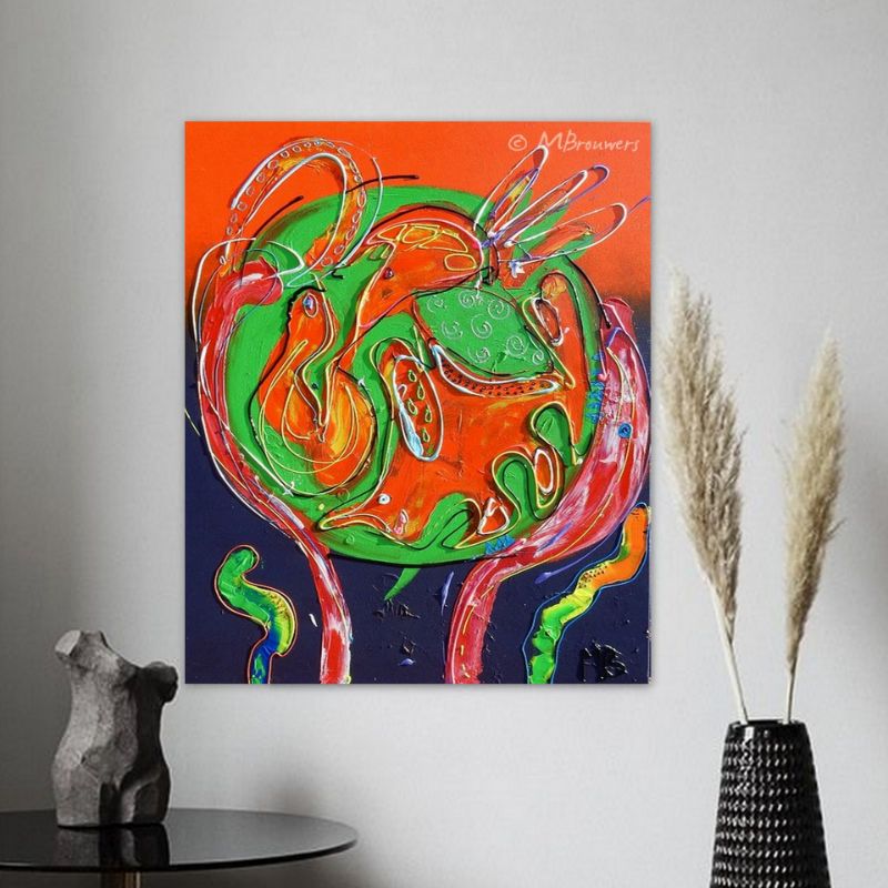kleurrijke kunst, kleurrijk schilderij, vrolijk schilderij, vrolijke kunst, kunst kopen in online galerie, schilderij kopen, schilderij laten maken, kunstwerk laten maken, origineel kunstwerk laten maken, kleurrijke dierenschilderijen, 3d schilderij, 3d kunst, kunst uit zwolle, schilderijen van marieke brouwers, moderne kunst, abstracte kunst, abstract schilderij, abstract schilderij laten maken, abstract schilderij in opdracht,, kunstwerk met oranje, groot abstract schilderij, schilderij voor op kantoor, schilderij in de vergaderruimte, kleurrijk abstract kunstwerk