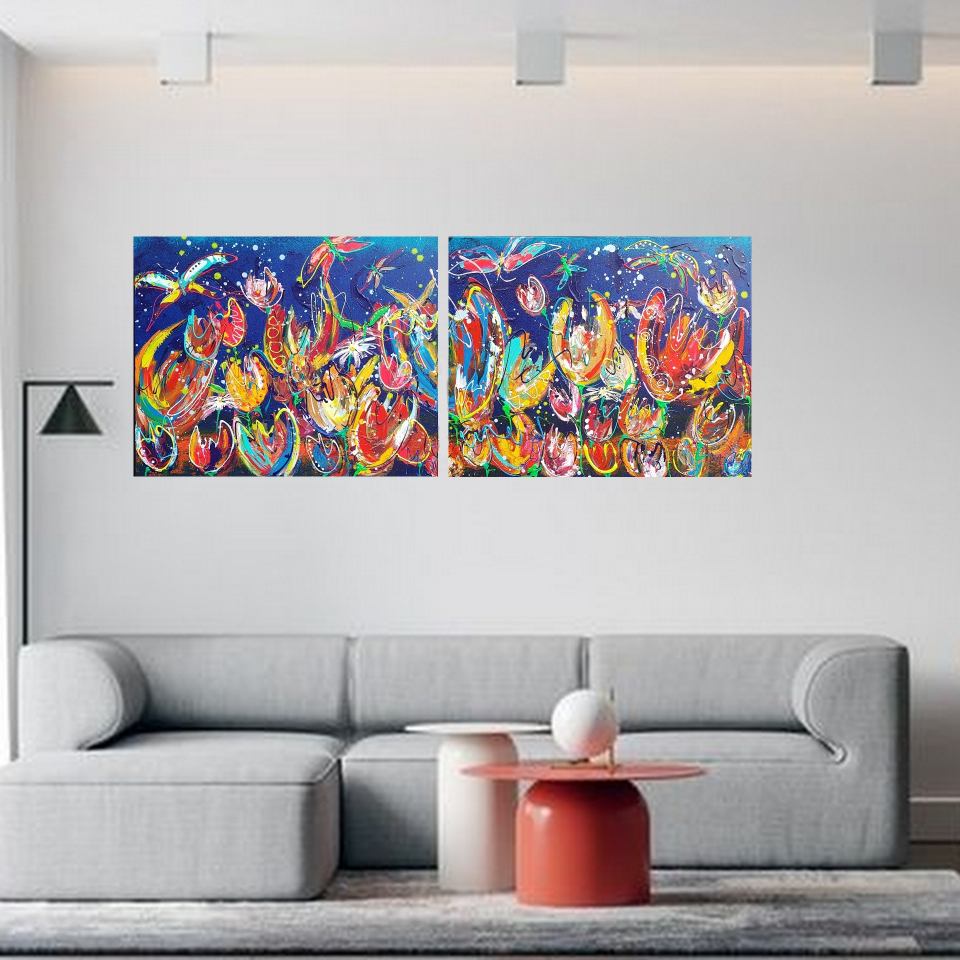 schilderij kopen, groot bloemenschilderij, vrolijk schilderij, tweeluik, langwerpig schilderij, kleurrijke kunst, modern schilderij