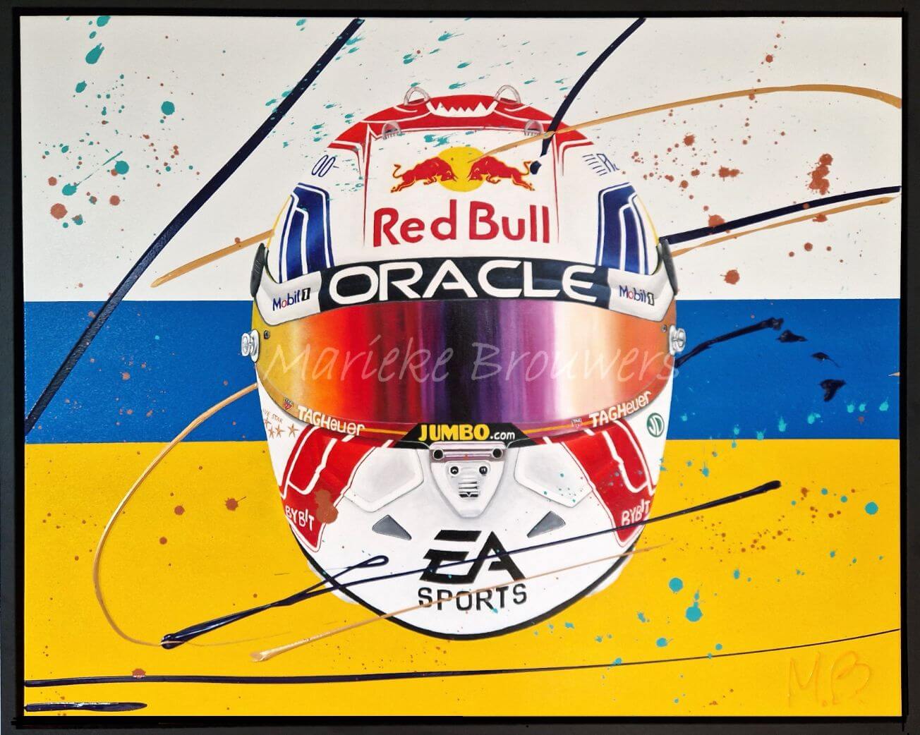 realistisch kunstwerk, formule 1 schilderij, F1 kunstwerk, schilderij max verstappen, kunstwerk max verstappen, helm max verstappen, moderne kunst, schilderij laten maken, kunstwerk laten maken, schilderij van een foto laten maken