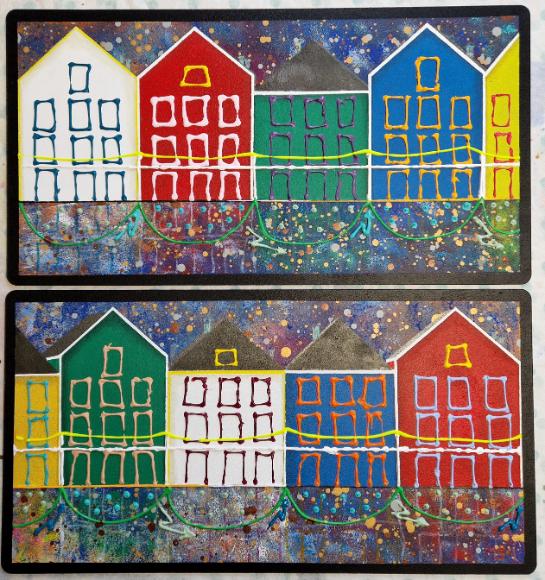 cadeau voor samenwerking bedrijven schilderij van kunstenares marieke brouwers uit zwolle met de kleurrijke huizen in Houten provincie utrecht,